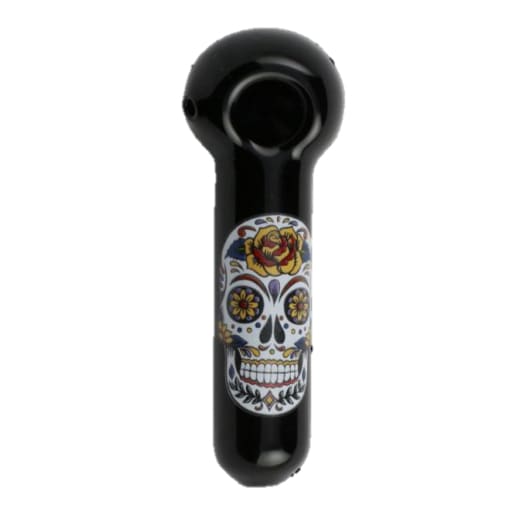 Black skull label glass pipe adorned with a colorful sugar skull design for a hypnotic experience