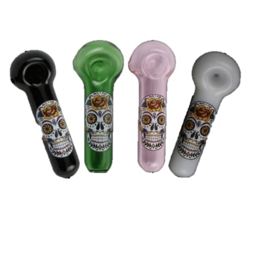 Sugar skull label glass pipes with vibrant designs, perfect for a hypnotic experience