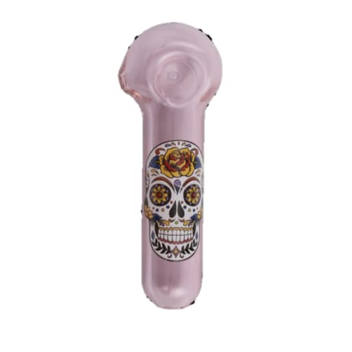 Pink skull label glass pipe decorated with colorful sugar skull design for a hypnotic experience