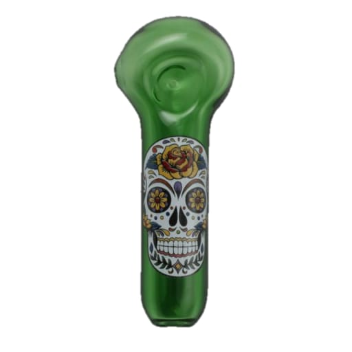 Sugar skull label glass pipe featuring a colorful sugar skull for a mesmerizing experience