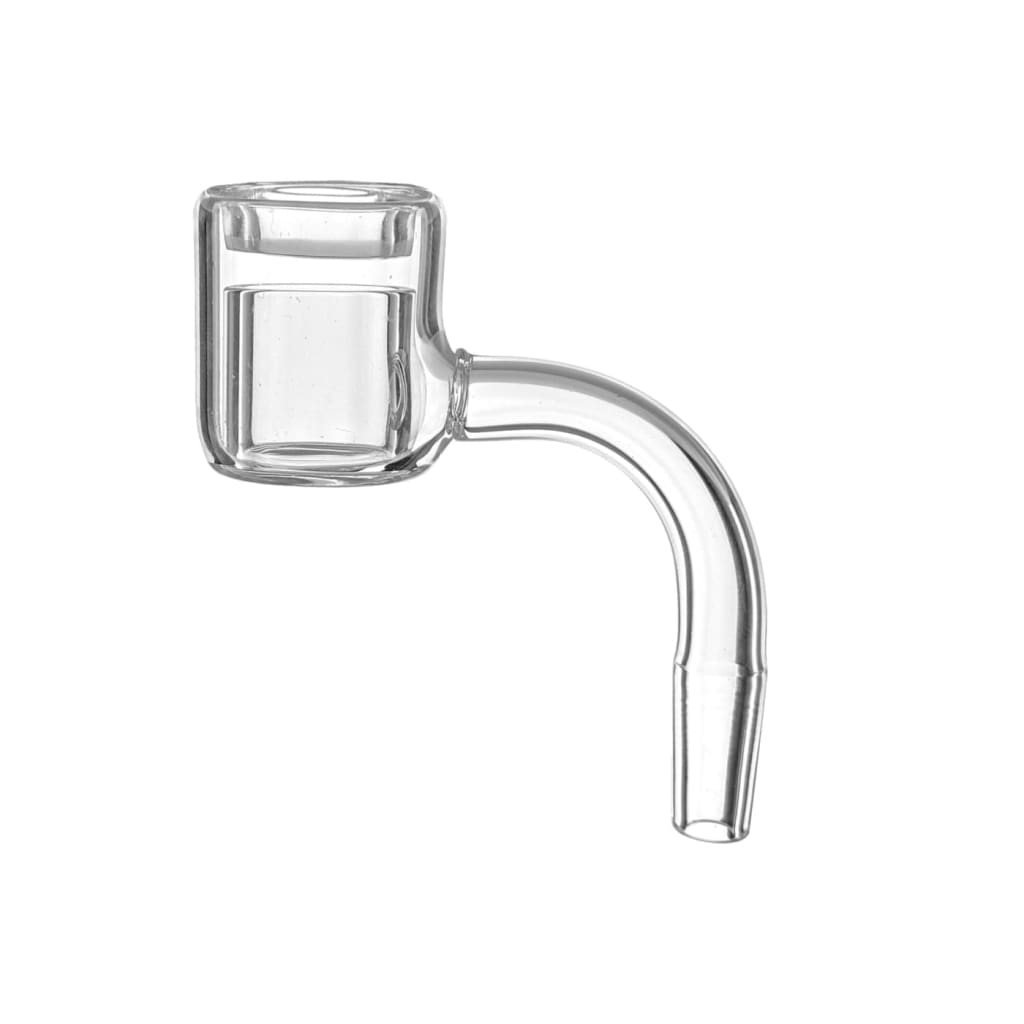 Clear quartz thermal style banger with curved stem, rectangular bowl, carb cap