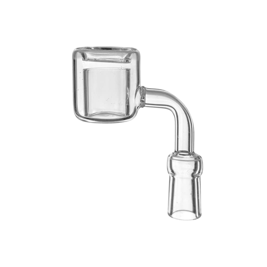 Clear glass downstem with quartz thermal style banger that retains heat