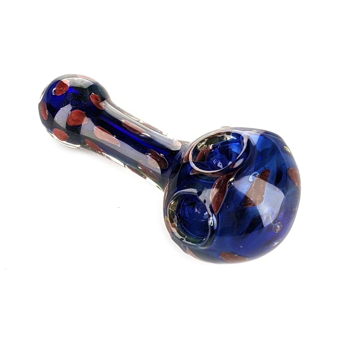 Exclusive triple bowl spoon pipe with blue and red swirled glass patterns