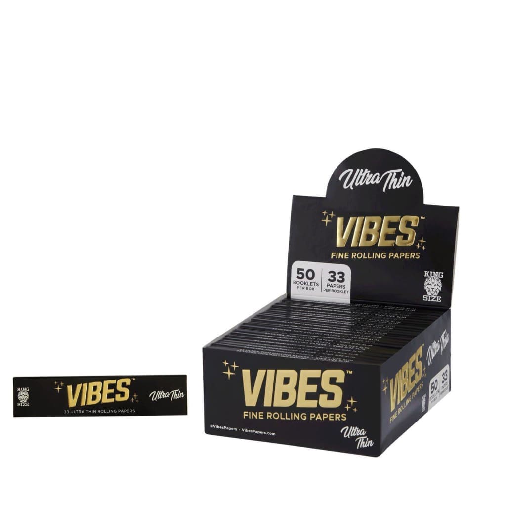 Box of Vibes Ultra Thin King Size Rolling Papers with individual packs displayed
