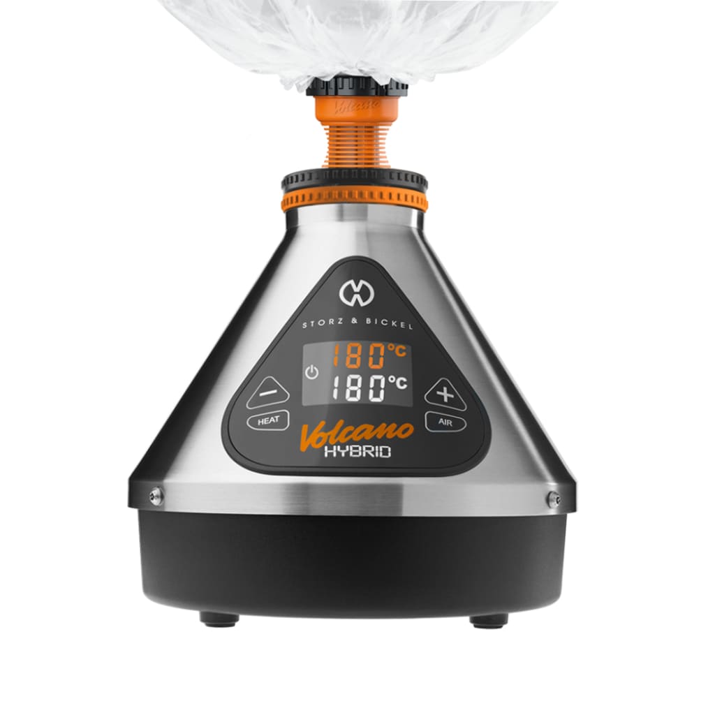 Digital desktop Volcano Hybrid Vaporizer with orange top and LED display for easy valve balloon
