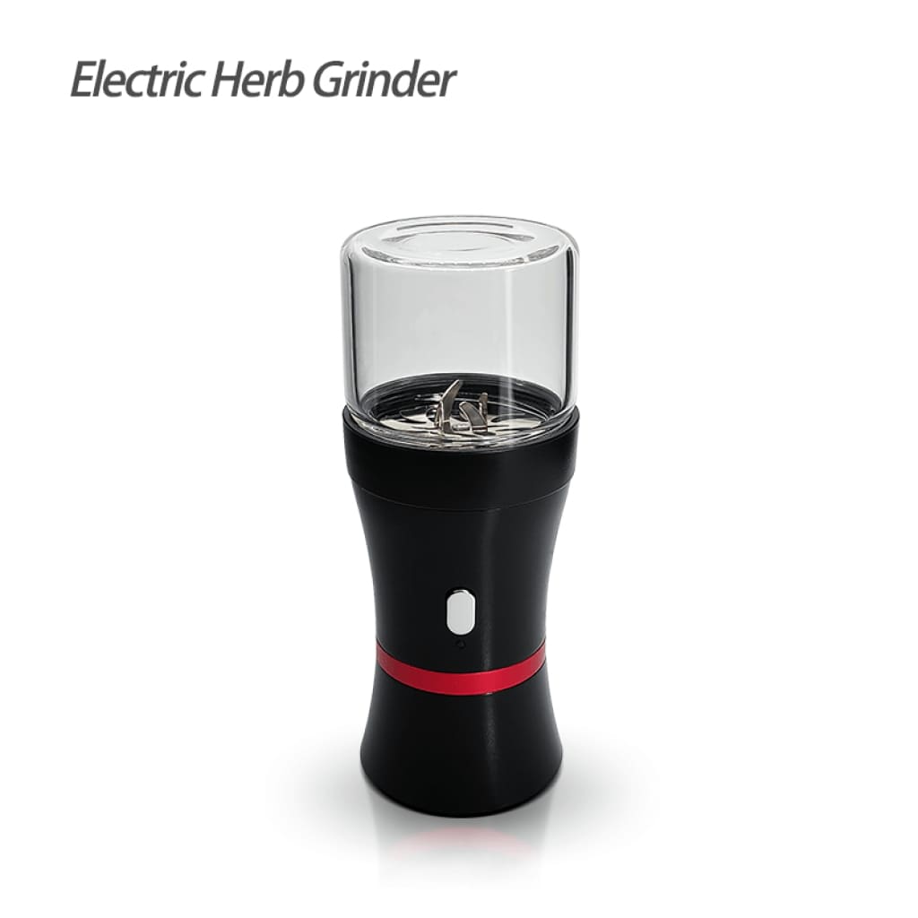 Black electric herb grinder with clear glass top, red accents, hard metal stainless blades, USB charging