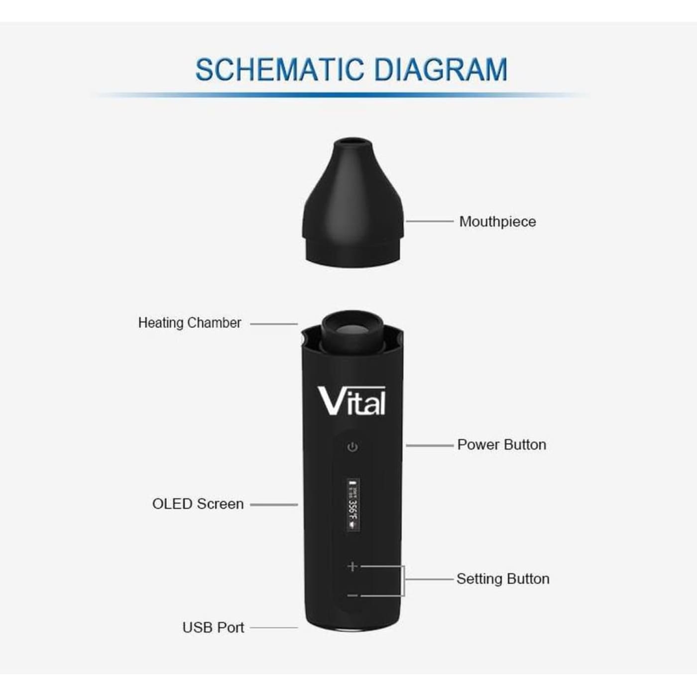 Xvape Vital dry herb vaporizer with black cylindrical body, OLED screen, ceramic chamber