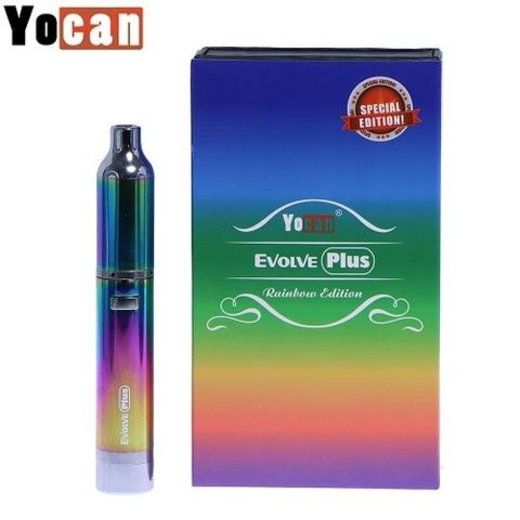 Rainbow-colored vaporizer pen with innovative built-in silicone wax and Yocan Evolve Plus packaging