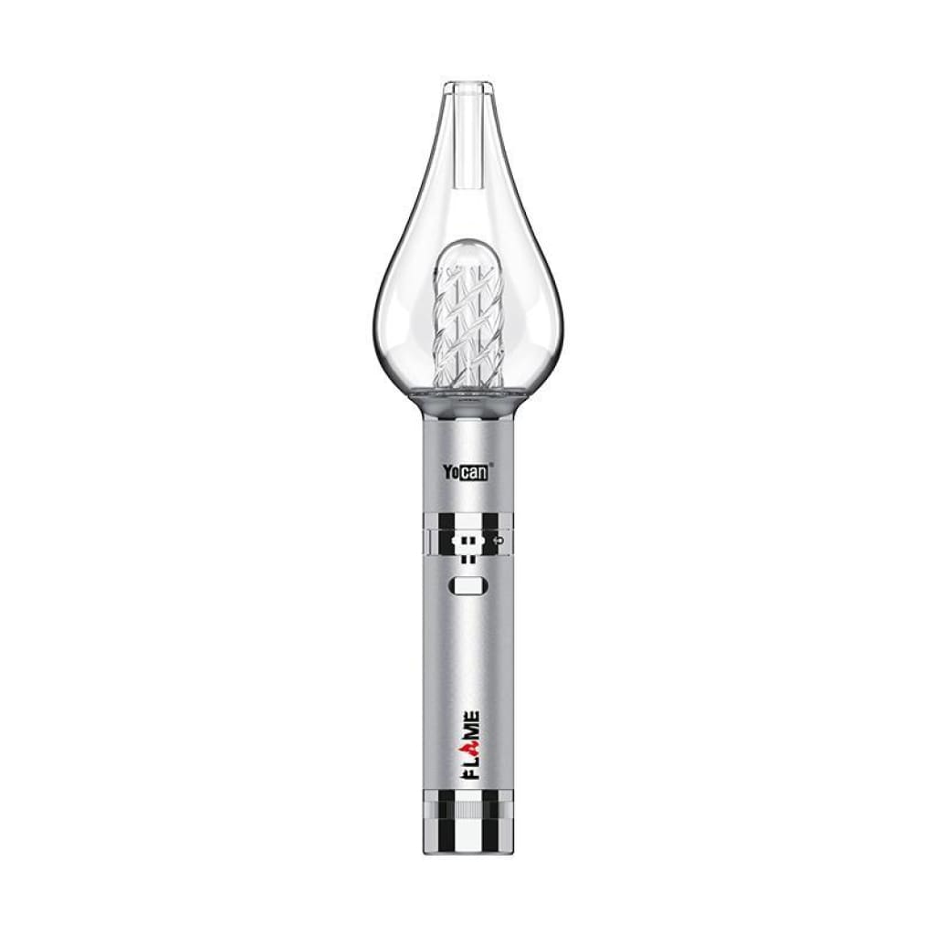 Silver Yocan Flame vaporizer with glass bulb designed for wax concentrates and nectar collectors