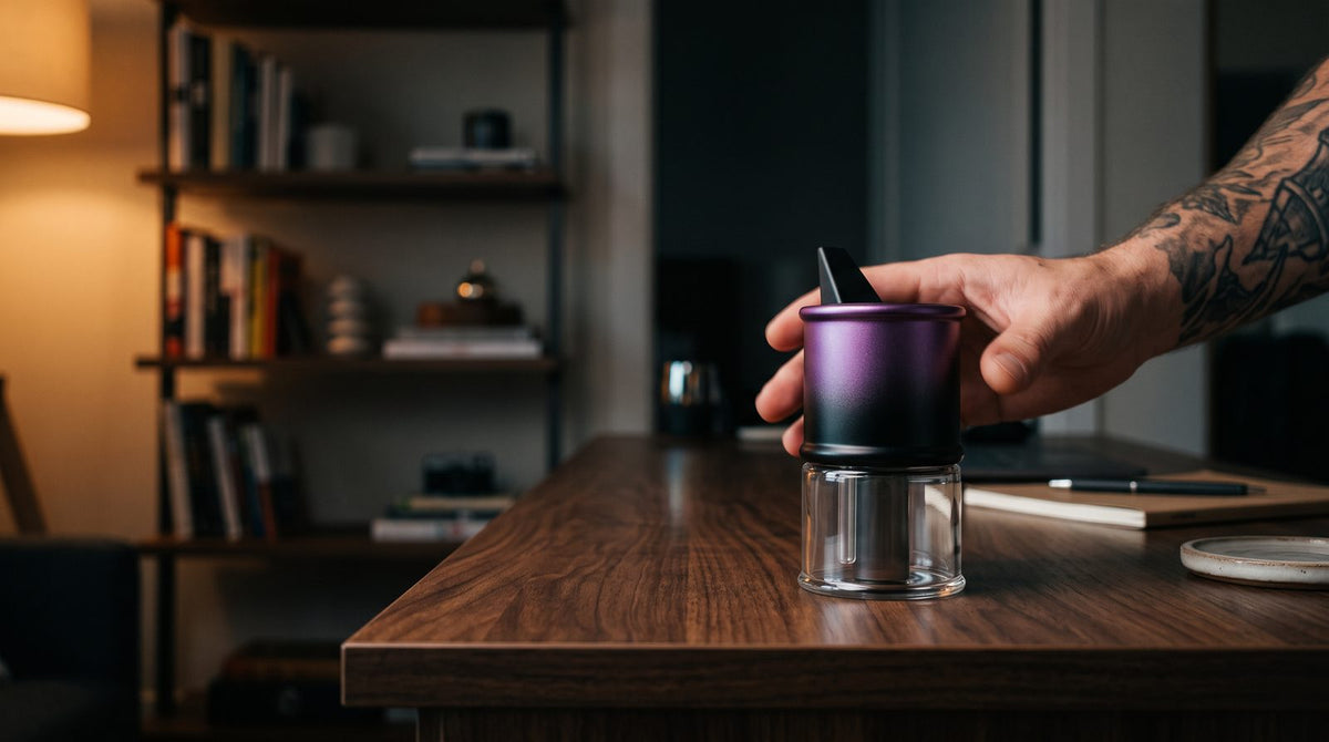 Ooze Electro Barrel C-Core portable e-rig on a walnut desk with an adult hand reaching for it
