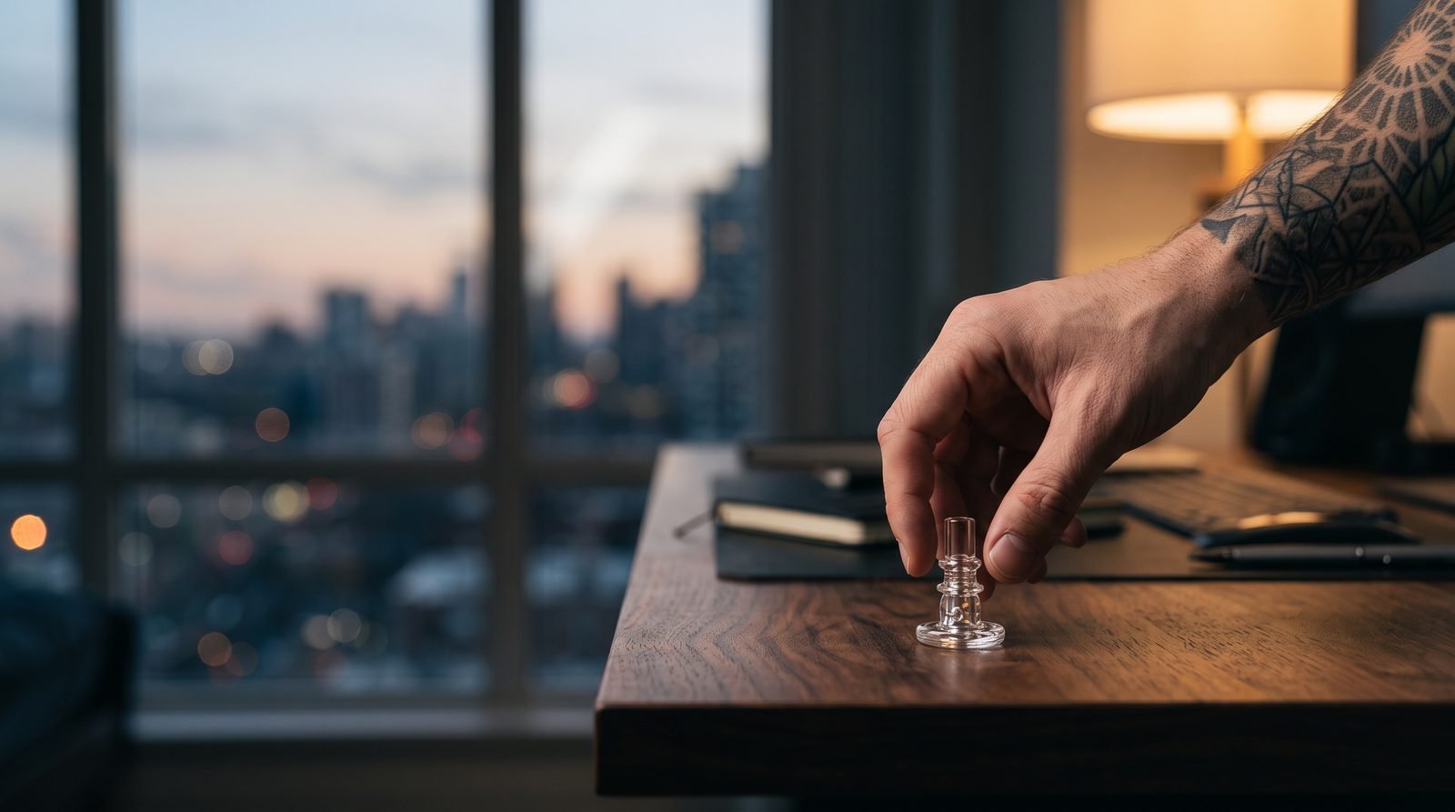 Glass joystick cap for Puffco Peak Pro on a walnut desk held by an adult hand