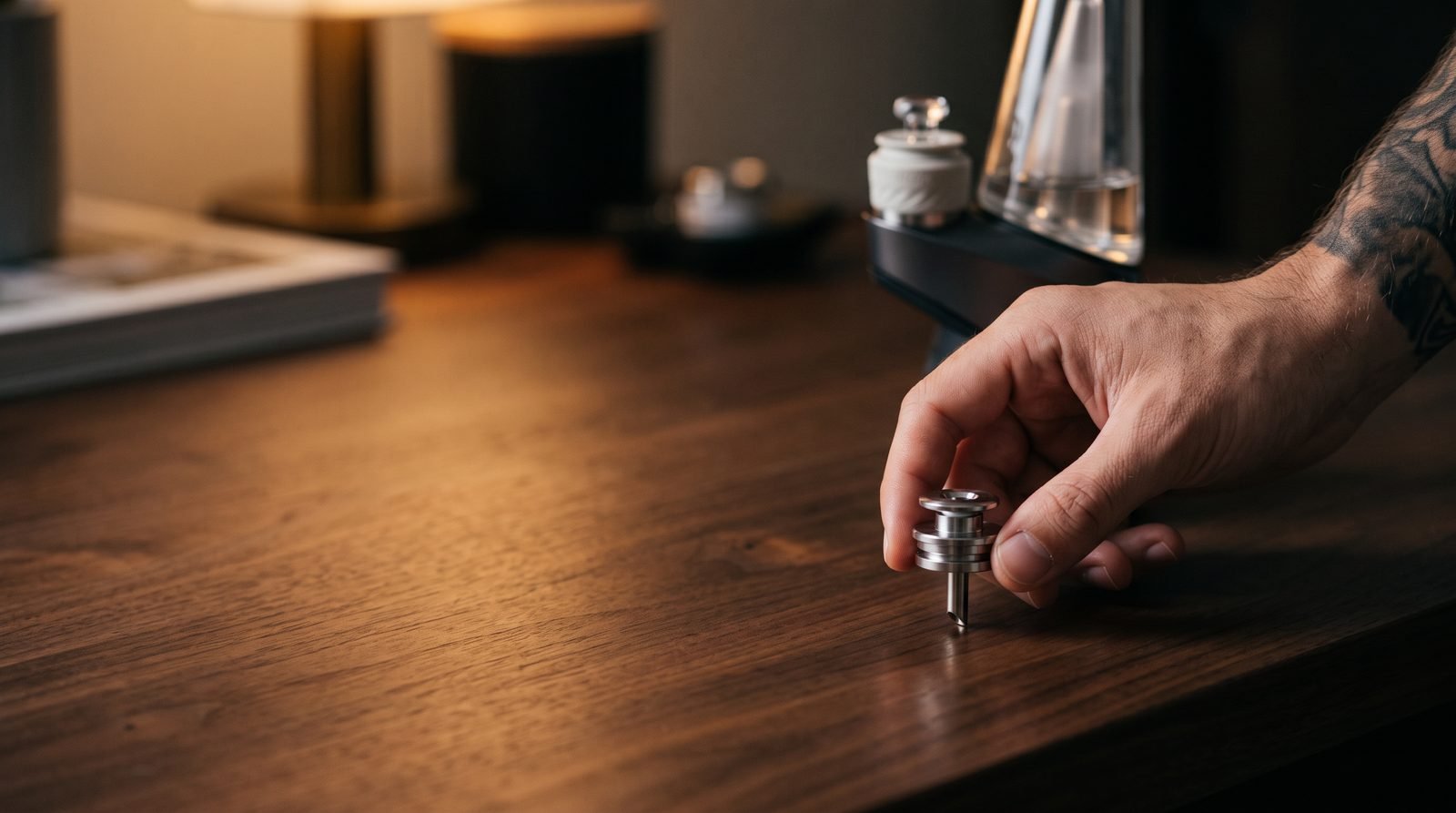SeshGear Dabtron e-rig carb cap on a dark walnut desk with an adult hand reaching for it