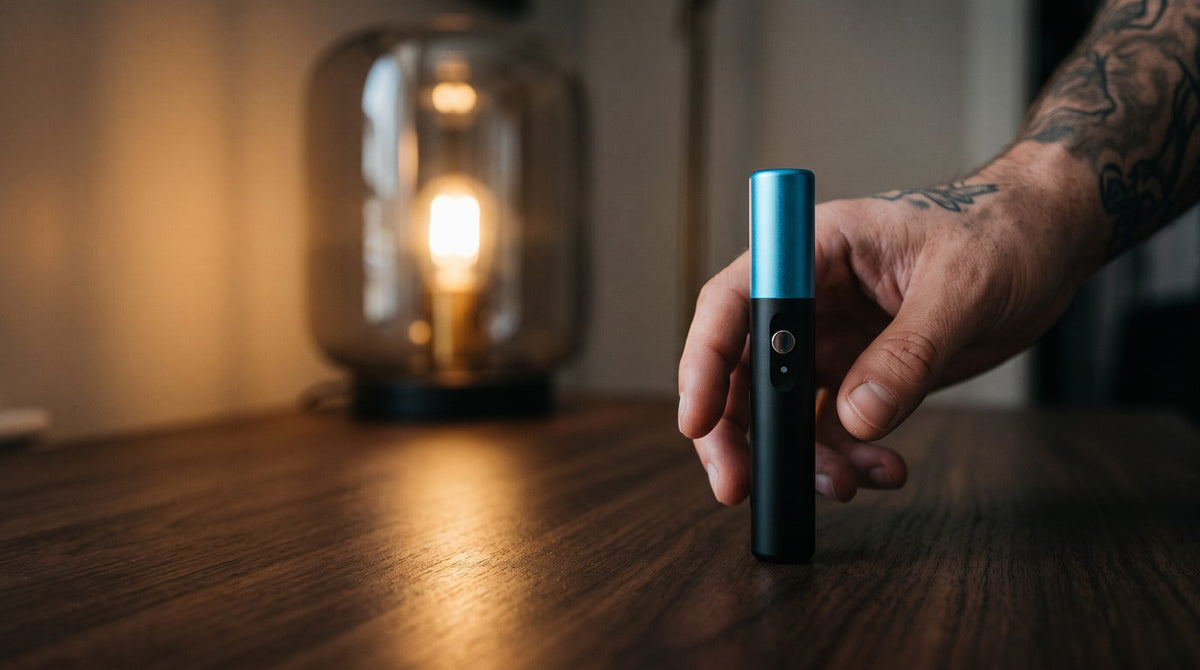 VAPMOD XTUBE Pro 650mAh cartridge battery on a walnut desk with an adult hand reaching for it