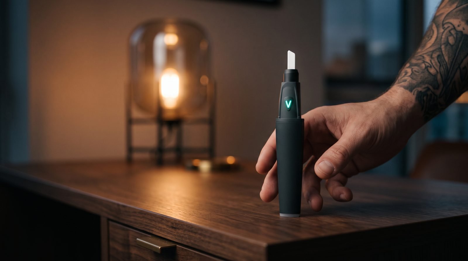Focus V Saber electronic dab tool on a walnut desk with an adult hand reaching for it