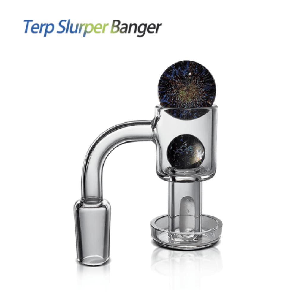 Quartz terp slurper banger set with marble, pillar, and vacuum carb cap on a dark surface