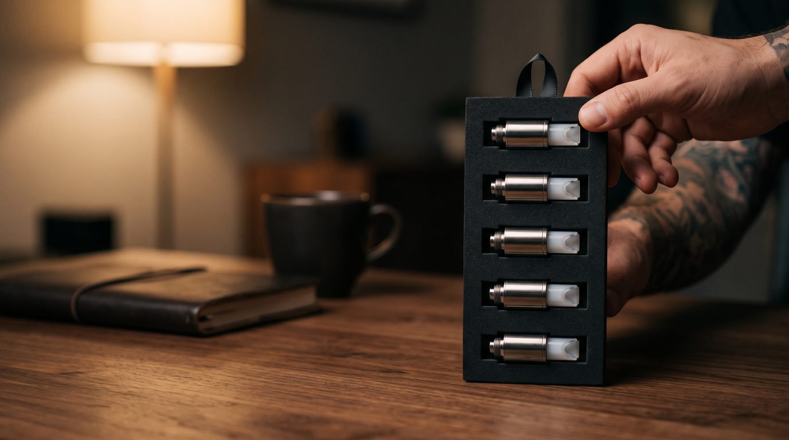 Yocan Black Phaser XTAL replacement tips pack on a walnut desk held by an adult hand