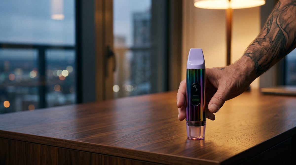 Ooze Booster 2-in-1 wax kit on a walnut desk with an adult hand and a city window behind