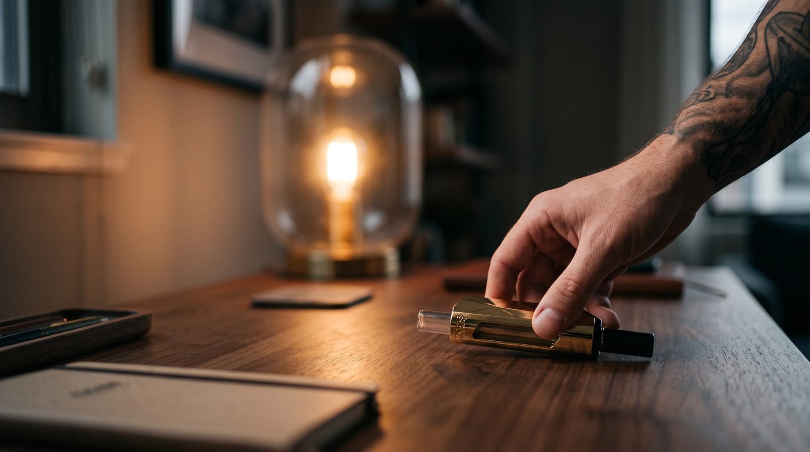 Ooze Pronto portable dab straw on a walnut desk with an adult hand reaching for it
