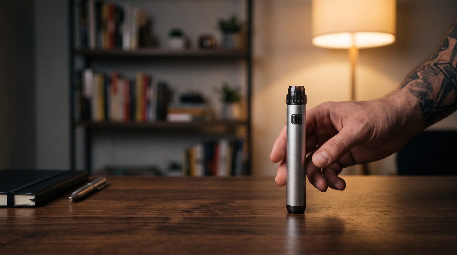 Yocan LUX Max portable vaporizer on a walnut desk with an adult hand reaching for it