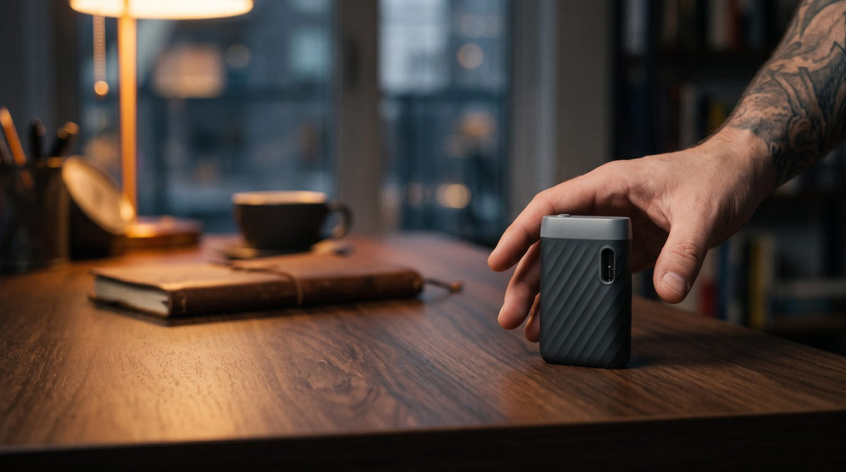 CCELL Sandwave 400mAh 510 battery on a walnut desk with an adult hand beside it