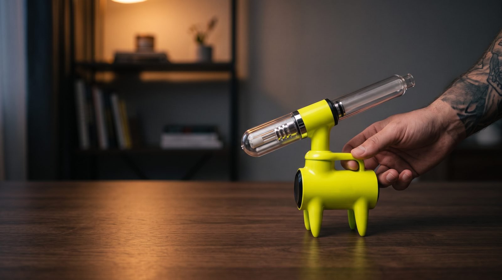 Lookah Giraffe electric nectar collector on a walnut desk with an adult hand reaching for it