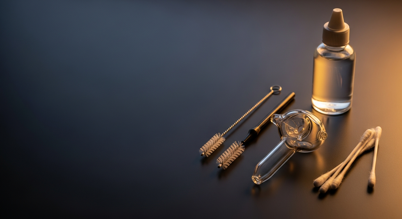 A clean glass hand pipe with cleaning brushes, isopropyl and cotton swabs — Smokerolla