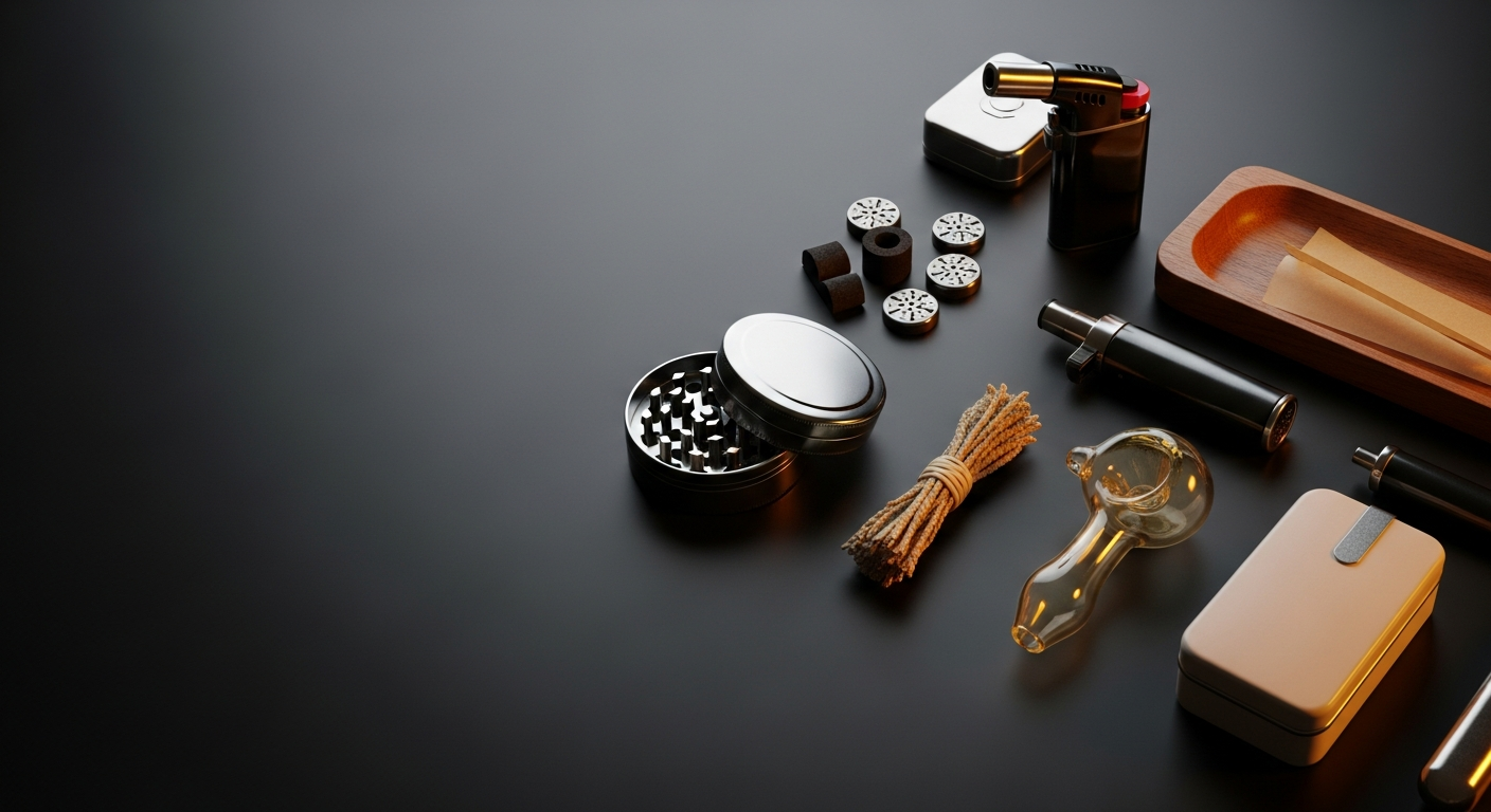 An assortment of unbranded smoking accessories on a dark studio surface — Smokerolla