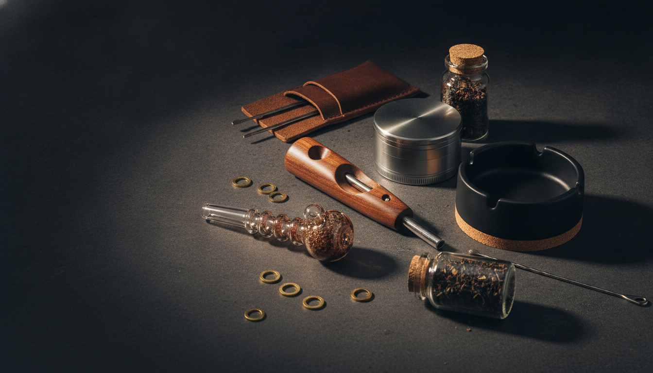 An assortment of unbranded smoking accessories on a dark studio surface — Smokerolla