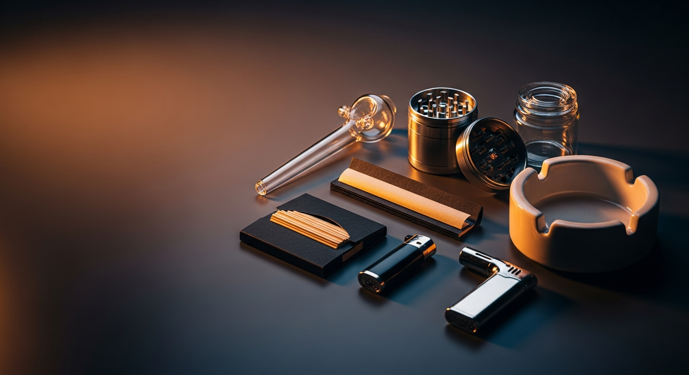 An assortment of unbranded smoking accessories on a dark studio surface — Smokerolla