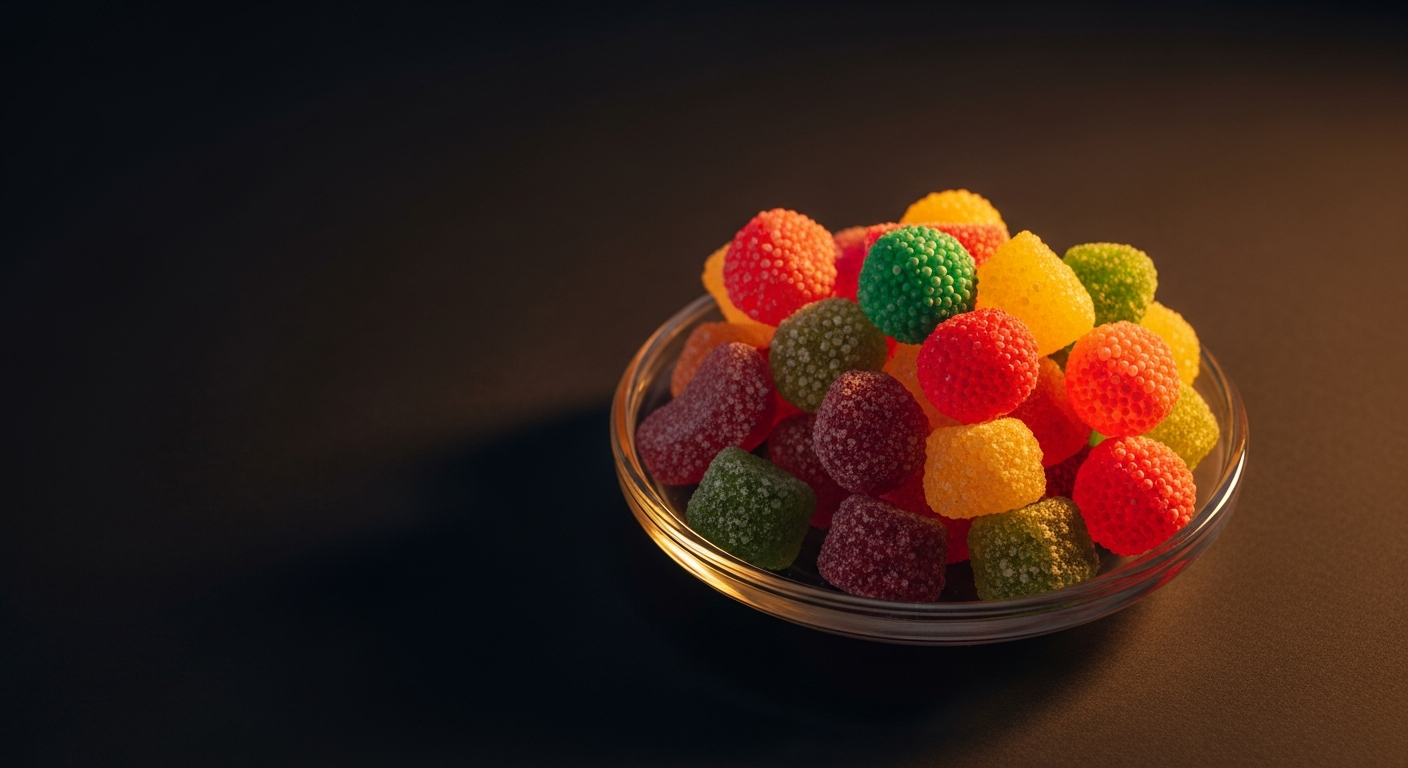 Assorted colorful gummy candies in a small glass dish on a dark surface — Smokerolla