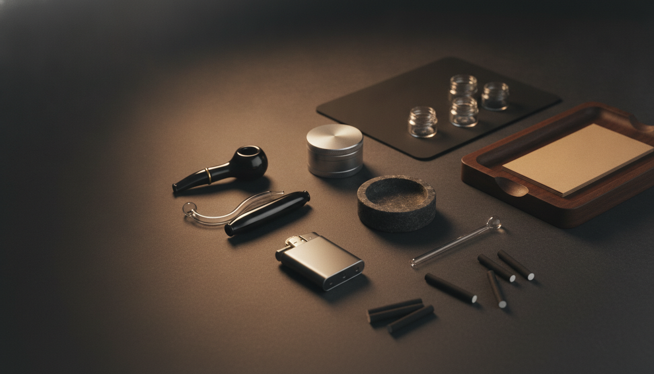 An assortment of unbranded smoking accessories on a dark studio surface — Smokerolla