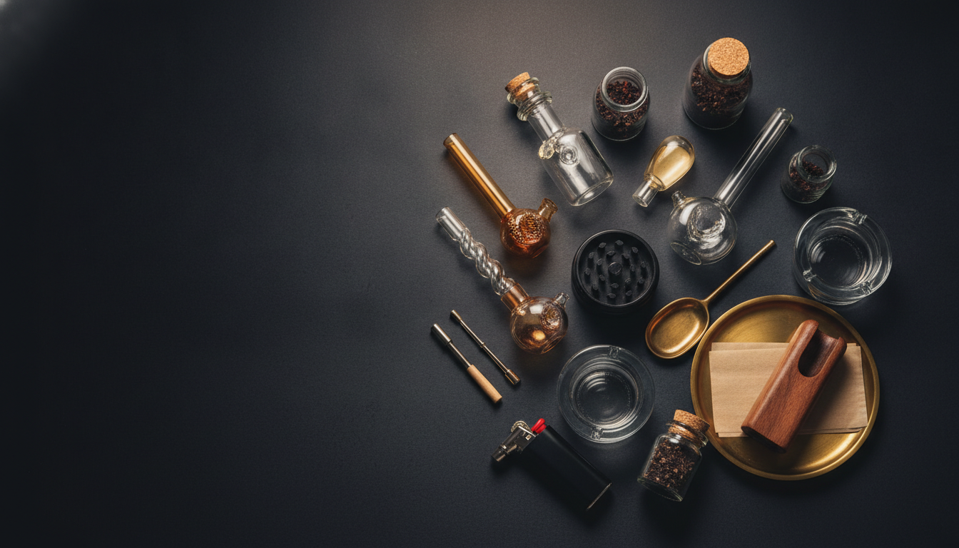An assortment of unbranded smoking accessories on a dark studio surface — Smokerolla