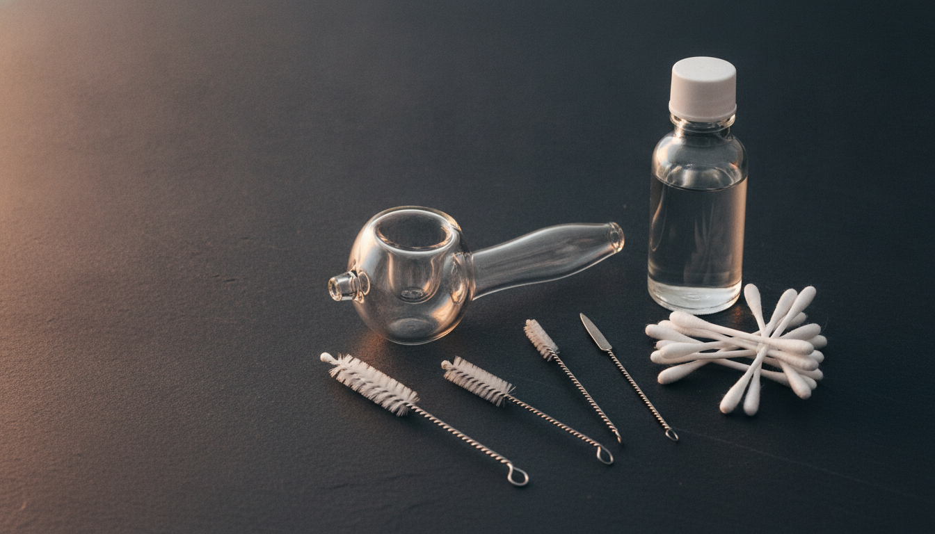 A clean glass hand pipe with cleaning brushes, isopropyl and cotton swabs — Smokerolla