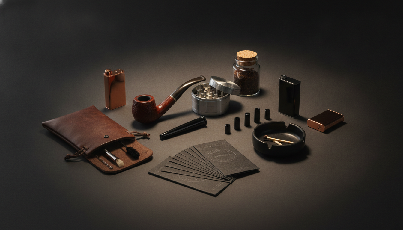 An assortment of unbranded smoking accessories on a dark studio surface — Smokerolla