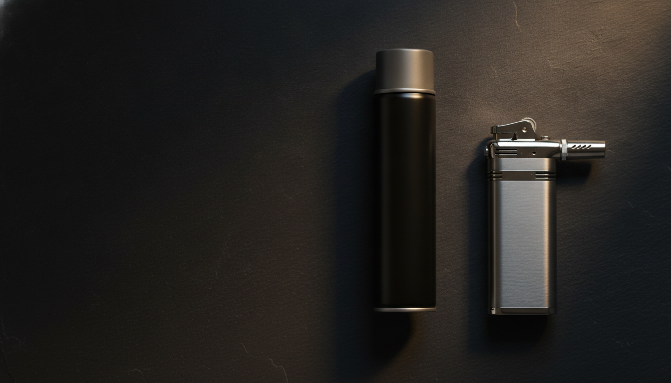 A butane torch lighter and a can of butane on a dark surface — Smokerolla