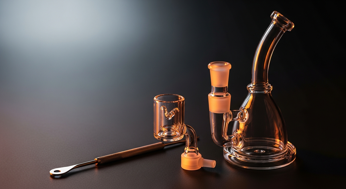A glass dab rig and quartz banger with a carb cap and dab tool — Smokerolla