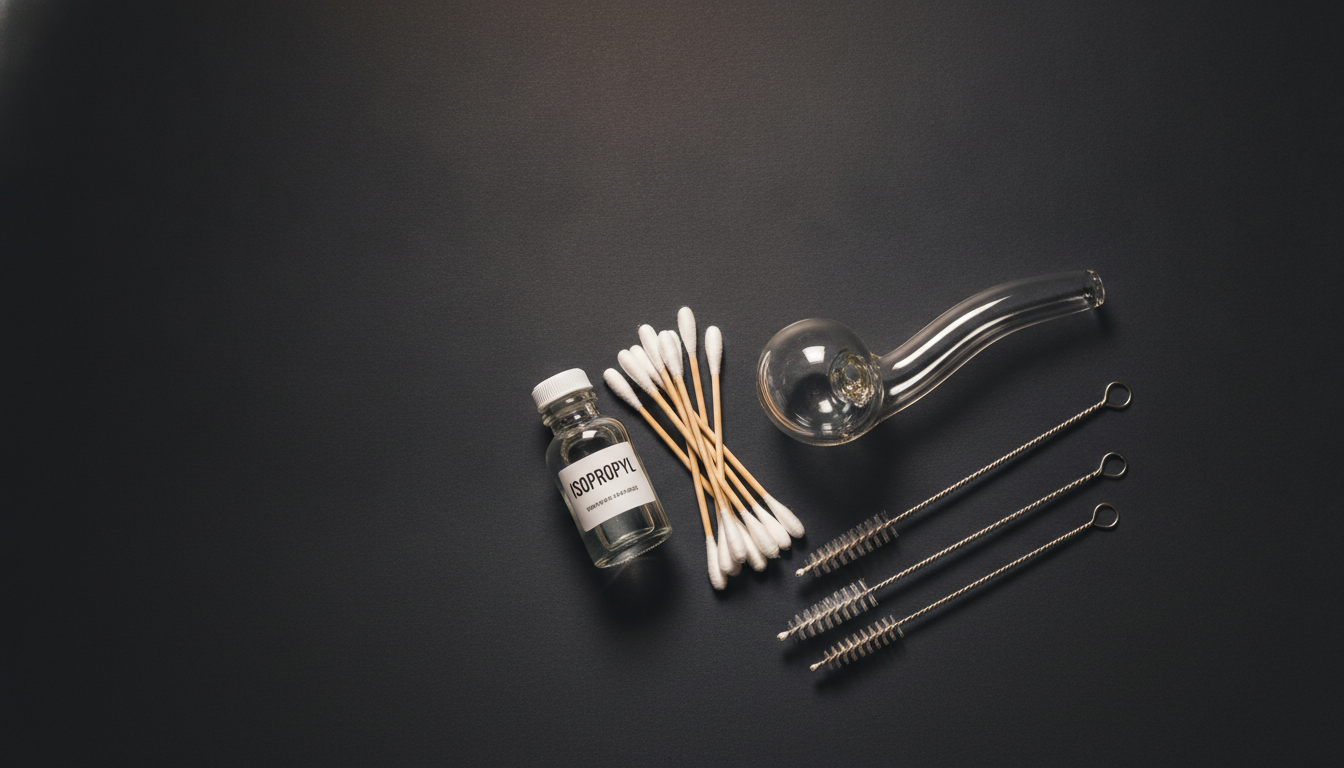 A clean glass hand pipe with cleaning brushes, isopropyl and cotton swabs — Smokerolla