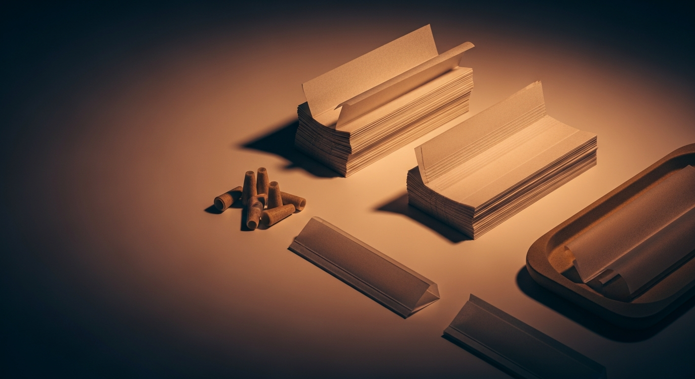 Stacks of unbranded rolling papers, a rolling tray and filter tips — Smokerolla
