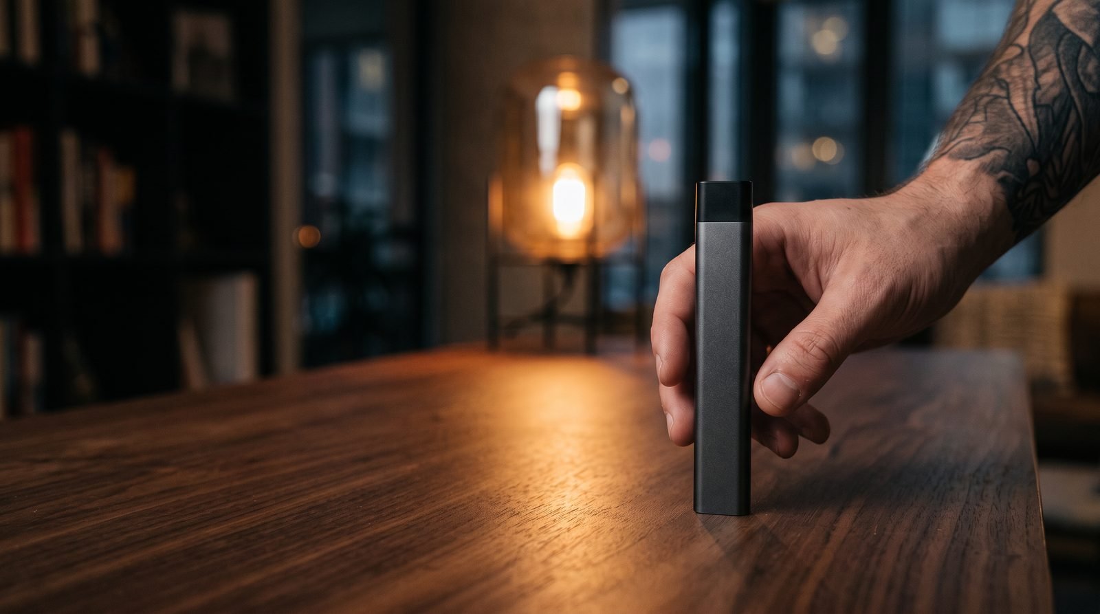 KandyPens RUBI compact vaporizer on a walnut desk held by an adult hand