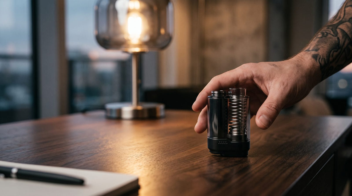 Lookah Turtle 510 cartridge battery on a walnut desk with an adult hand reaching for it