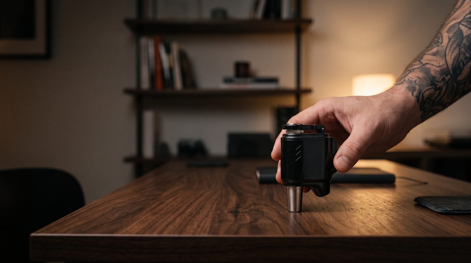 Lookah Q7 Mini enail banger on a walnut desk held by an adult hand with a bookshelf behind