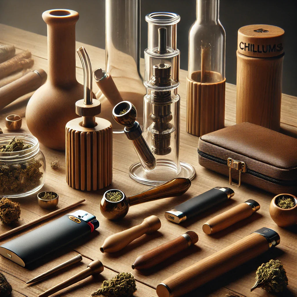  a curated display of cannabis smoking accessories