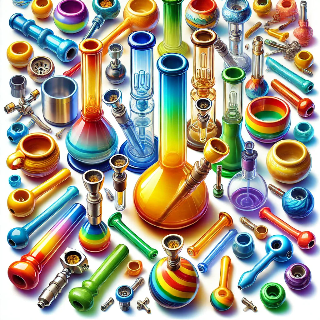 A colorful and eye-catching image of various bong parts and accessories arranged neatly. Include vibrant bowls, downstems, percolators, and ice catche