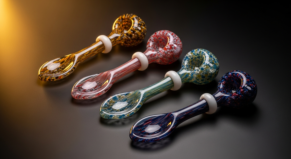 Glass spoon hand pipes with fumed and frit color patterns