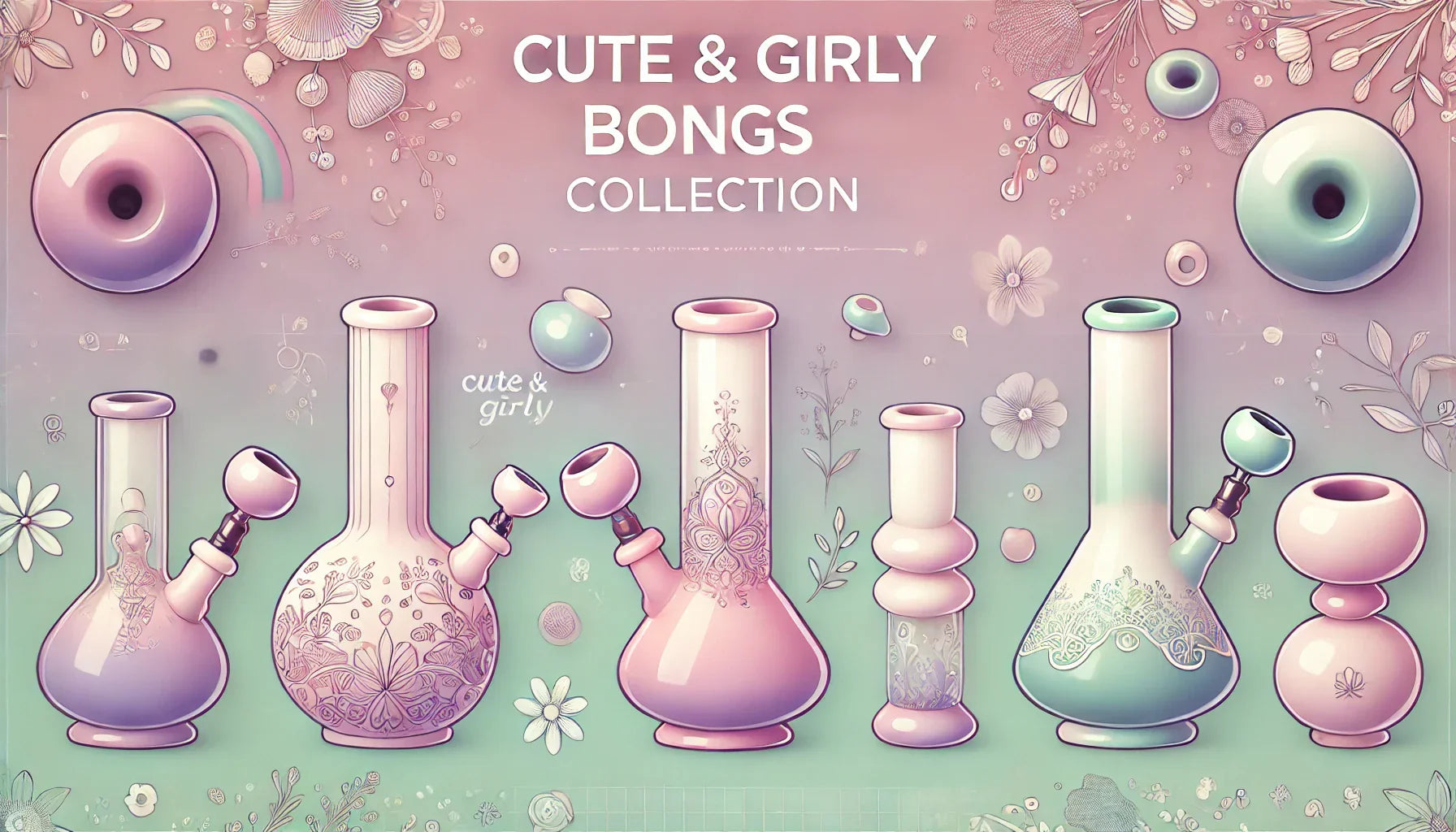 banner for a collection of cute and girly bongs. The banner features a pastel-colored background with soft hues of pink, lavender, and mint green