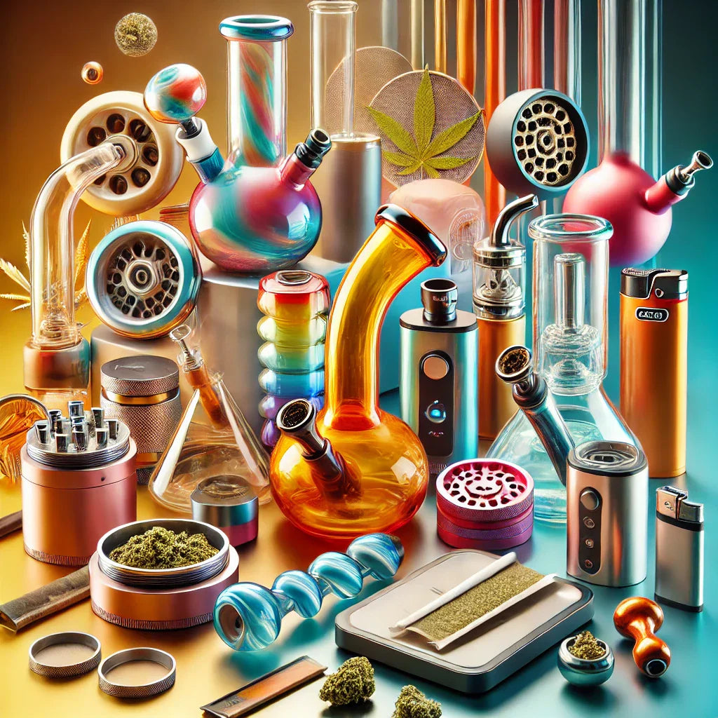 The image includes a selection of glass bongs, pipes, vaporizer