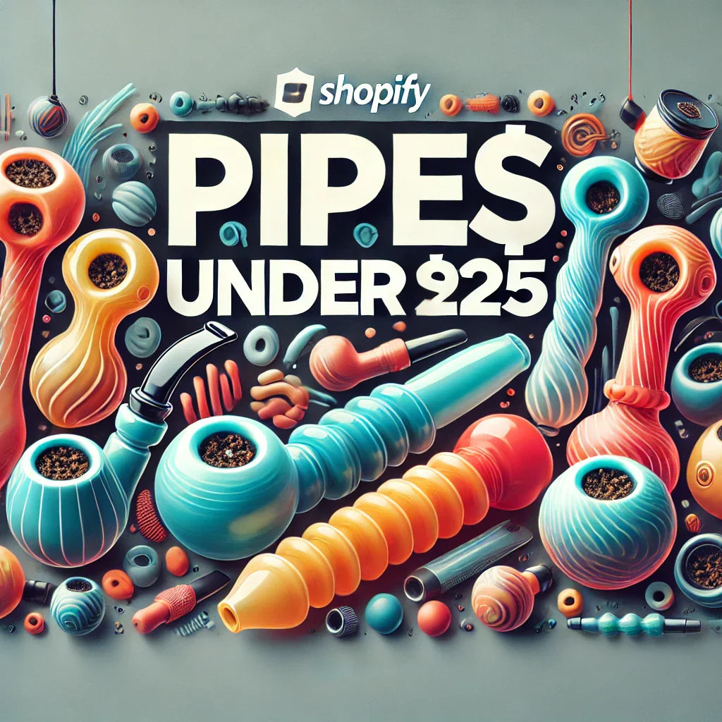 A vibrant and attractive banner image for a Shopify collection page titled 'Pipes Under $25'. The banner should feature a variety of smoking pipes