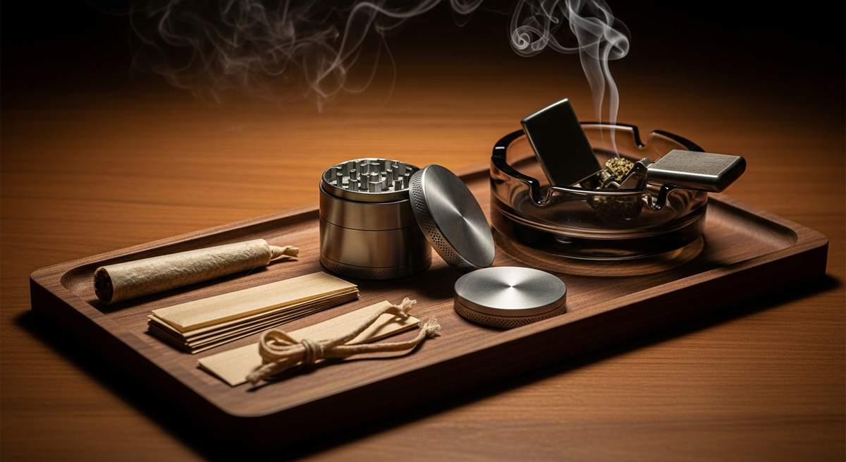 Smoking accessories collection at Smokerolla - grinders, rolling papers, ashtrays, and lighters