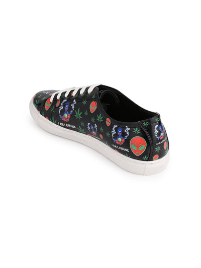 Deep Black Vegan Leather Shoes with Botanical Design