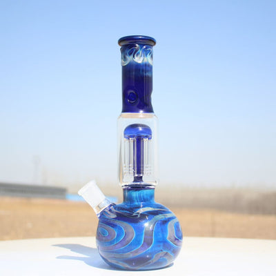 10.5’ Blue Buddha Glass Water Pipe with blue swirled patterns and multiple chambers